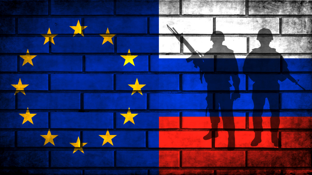 Europe union and Russia flags background. NATO and russian agression, military war conflict photo