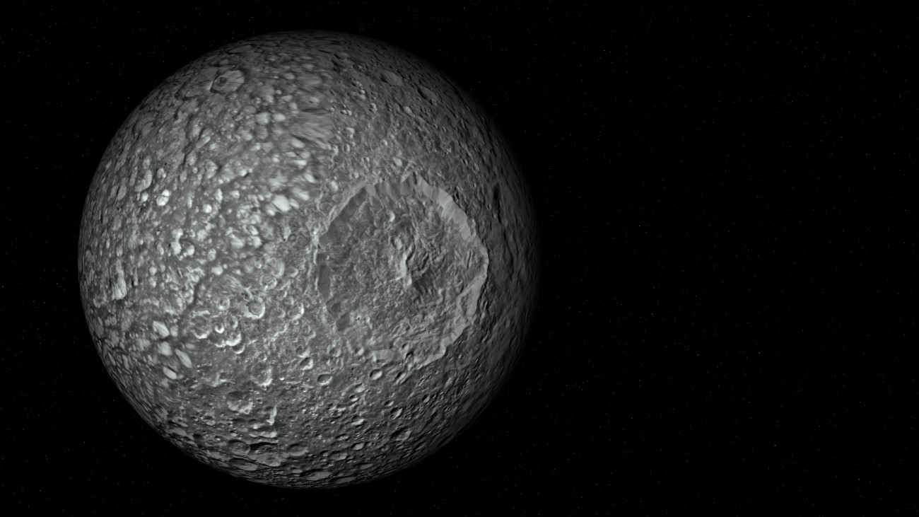 Digitally generated photograph of Mimas, one of the moon of Saturn.