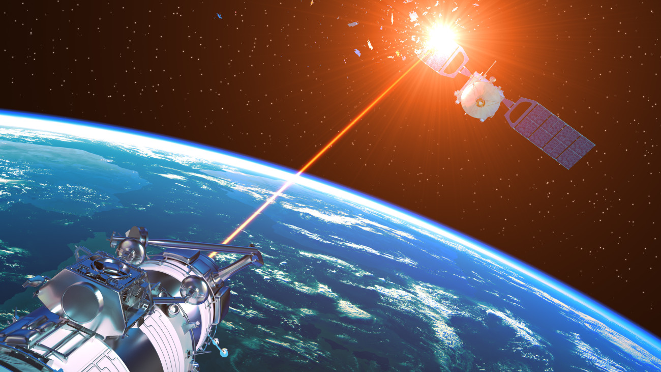 Laser Cannon Incapacitates Enemy Satellite. 3D Illustration. NASA Images NOT USED!