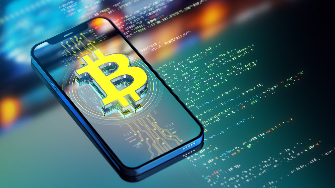 The Power of Crypto currency and digital wallets. Transforming Industries and Customer Service. A Look into the Future. Yellow Bitcoin icon on smart phone. 3D render