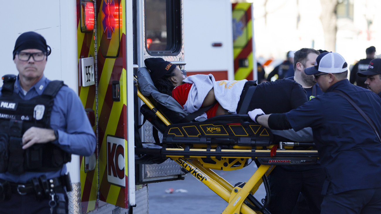 KANSAS CITY, MISSOURI - FEBRUARY 14: A person is loaded onto an ambulance following a shooting at Union Station during the Kansas City Chiefs Super Bowl LVIII victory parade on February 14, 2024 in Kansas City, Missouri. Several people were shot and two people were detained after a rally celebrating the Chiefs Super Bowl victory. (Photo by David Eulitt/Getty Images)