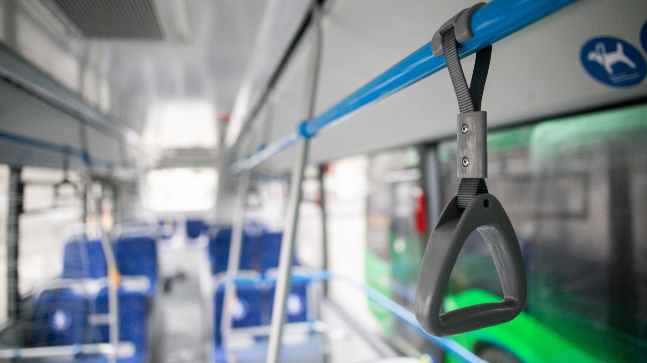 Close up, handrail in a new bus