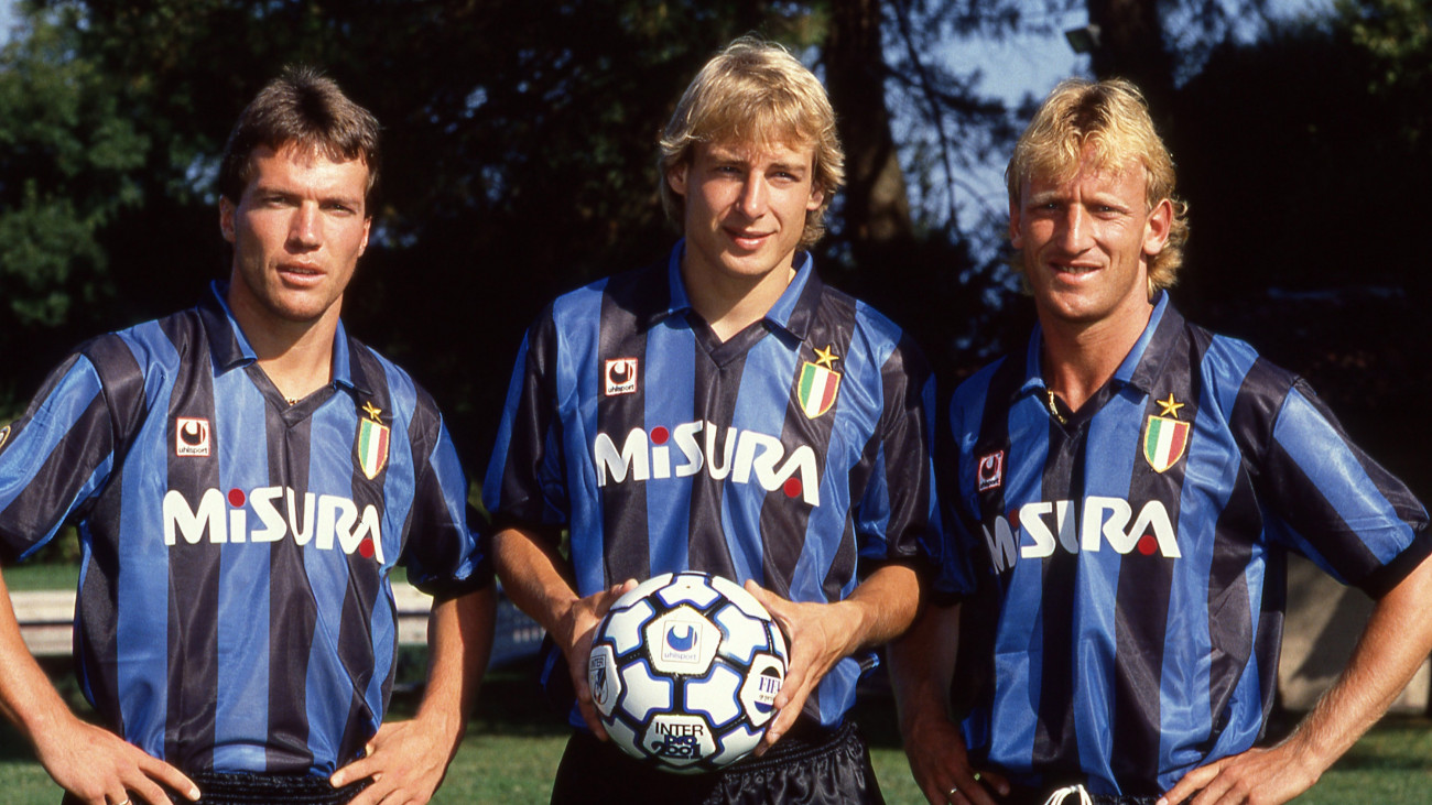 Lotar Matthaus, Jurgen Klinsmann and Andreas Brehme of FC Internazionale pose for photo during the Serie A 1989-90, Italy. (Photo by Alessandro Sabattini/Getty Images)