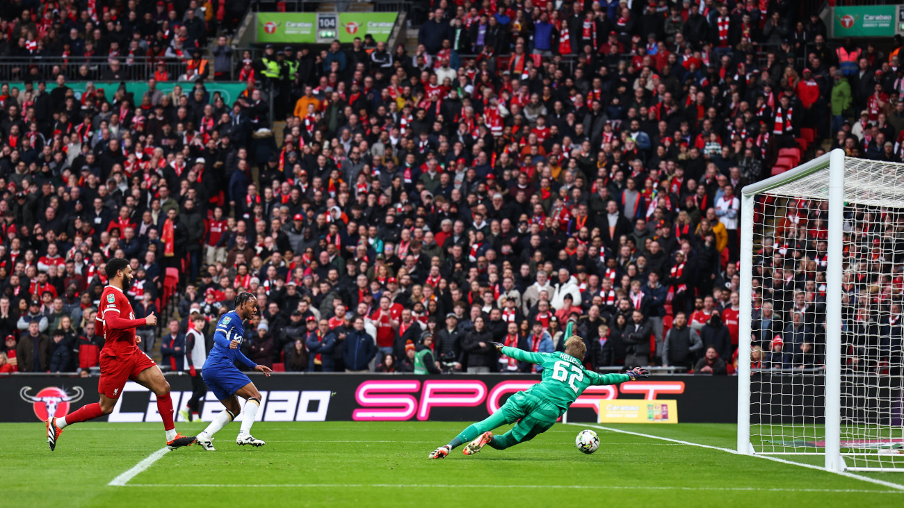 LONDON, ENGLAND - FEBRUARY 25: Raheem Sterling of Chelsea sscores a goal to make it 1-0 but it is ruled out for offside during the Carabao Cup Final match between Chelsea and Liverpool at Wembley Stadium on February 25, 2024 in London, England. (Photo by Robbie Jay Barratt - AMA/Getty Images)