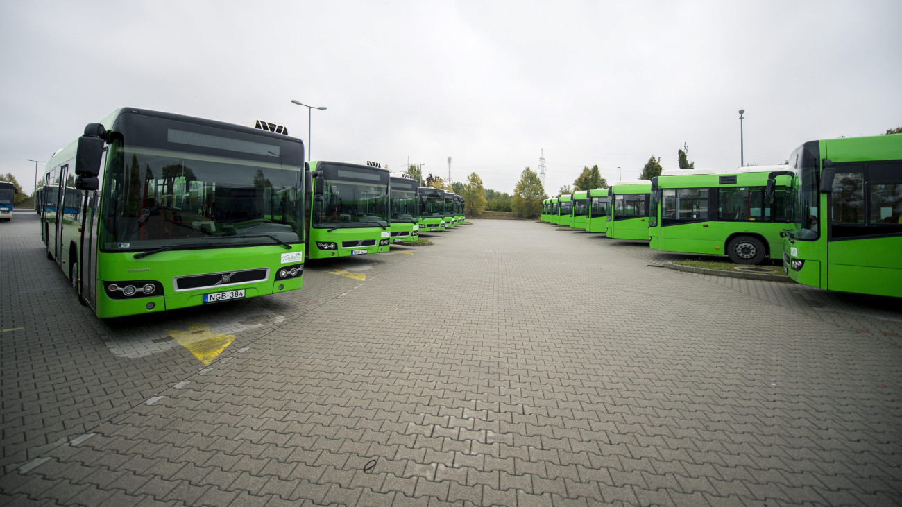 Új, Volvo gyártmányú buszok a pécsi kertvárosi buszpályaudvaron 2015. október 16-án. A városi tulajdonú Tüke Busz Zrt. közbeszerzés keretében 115 darab új alacsonypadlós buszt vásárolt, köztük 38 csuklós járművet, amelyekből tizennyolc buszt állítottak ezen a napon forgalomba.