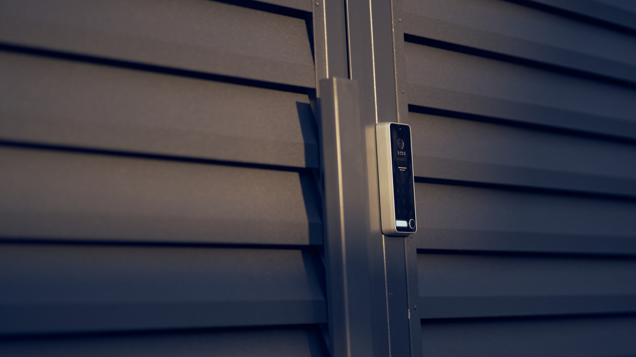 Electronic Smart Door Lock with Fingerprint and Video Camera, modern technology for home with copy space.