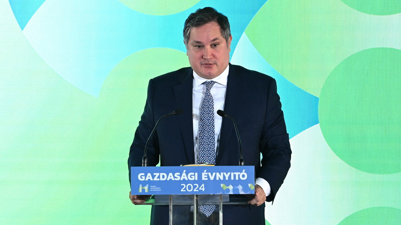 Nagy Márton nemzetgazdasági miniszter beszédet mond a Magyar Kereskedelmi és Iparkamara budapesti gazdasági évnyitóján 2024. március 4-én.