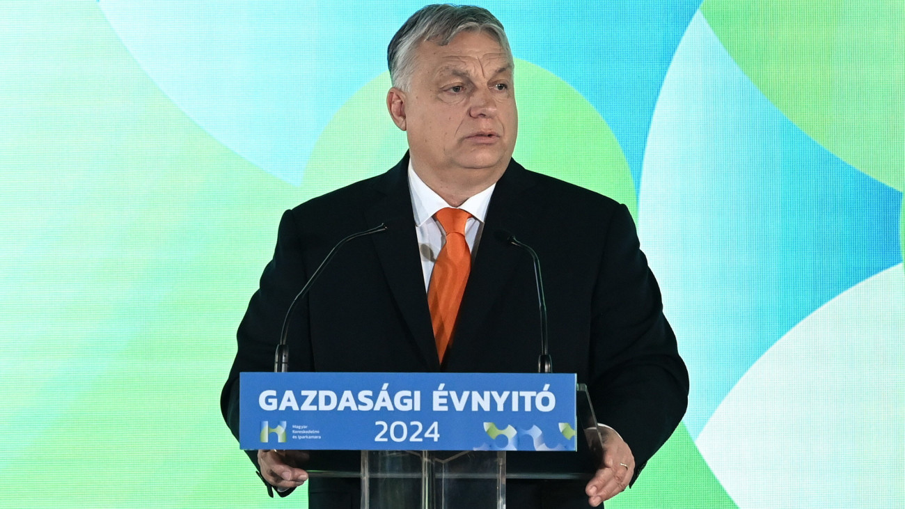 Orbán Viktor miniszterelnök beszédet mond a Magyar Kereskedelmi és Iparkamara budapesti gazdasági évnyitóján 2024. március 4-én.