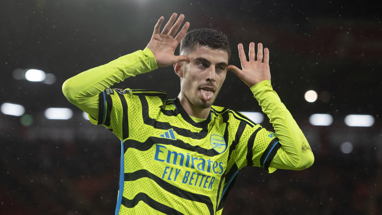 SHEFFIELD, ENGLAND - MARCH 4: Kai Havertz of Arsenal celebrates scoring his teams fourth goal during the Premier League match between Sheffield United and Arsenal FC at Bramall Lane on March 4, 2024 in Sheffield, England. (Photo by Joe Prior/Visionhaus via Getty Images)