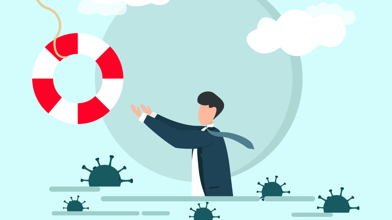 Coronavirus crisis help concept. Businessman trying to reach lifebuoy with virus cells around him, vector illustration in flat style