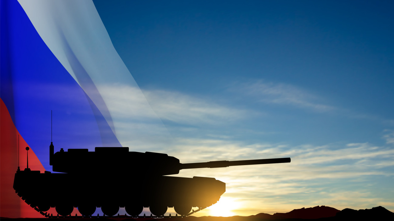 Silhouette of a main battle tank on a battlefield with Russian flag. EPS10 vector