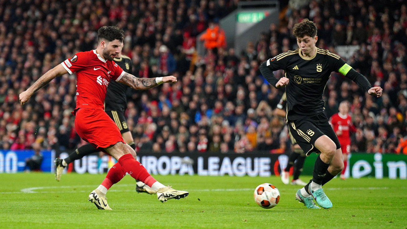 Liverpools Dominik Szoboszlai scores their sides fifth goal of the game during the UEFA Europa League Round of 16, second leg match at Anfield, Liverpool. Picture date: Thursday March 14, 2024. (Photo by Peter Byrne/PA Images via Getty Images)