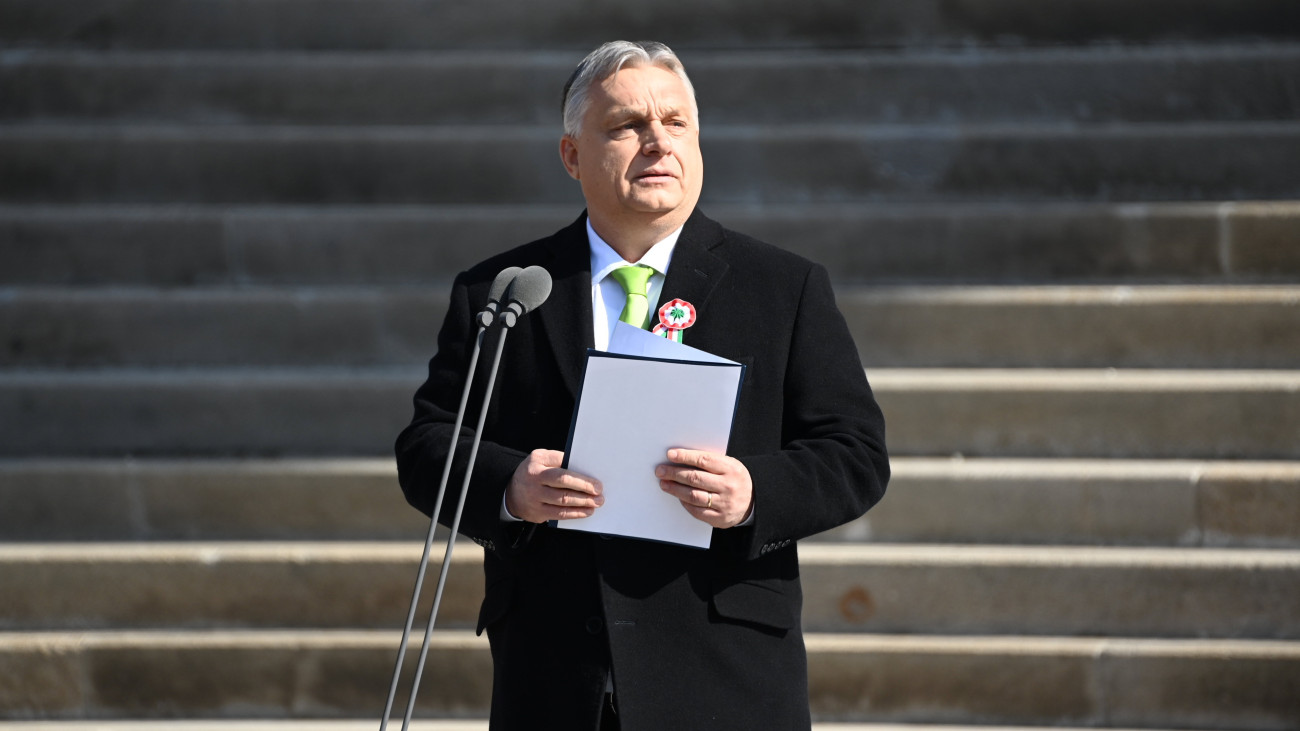 Orbán Viktor miniszterelnök beszédet mond az 1848/49-es forradalom és szabadságharc 176. évfordulója alkalmából tartott állami díszünnepségen a Múzeumkertben 2024. március 15-én.