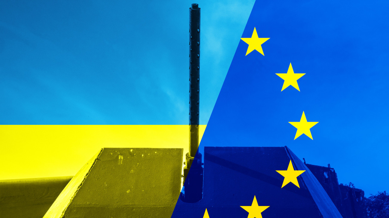 EU Ukraine Conflict Concept - European Union and Ukrainian Flags overlaying close up Gun Turret symbolising military hardware, call to action and readiness to fight. EU continues to supply Ukraine with Financial and Military Hardware support against Russia