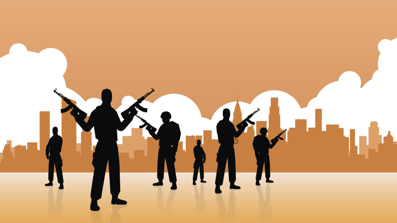 Terrorist Group Over City View Banner Flat Vector Illustration