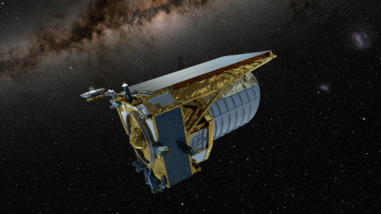 Artist impression of the Euclid mission in space.Euclid is designed to look far and wide to answer some of the most fundamental questions about our Universe: What are dark matter and dark energy? What role did they play in formation of the cosmic web? The mission will catalogue billions of distant galaxies by scanning across the sky with its sensitive telescope. `