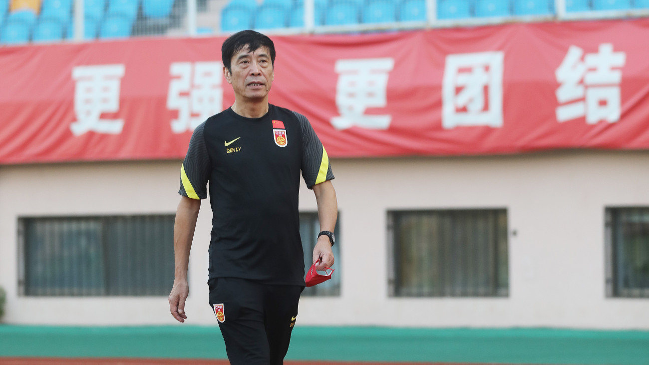 QINGDAO, CHINA - JULY 15: Chen Xuyuan, President of Chinese Football Association, reacts at a training session ahead of the 2022 EAFF E-1 Football Championship on July 15, 2022 in Qingdao, Shandong Province of China. (Photo by He Yi/VCG via Getty Images)