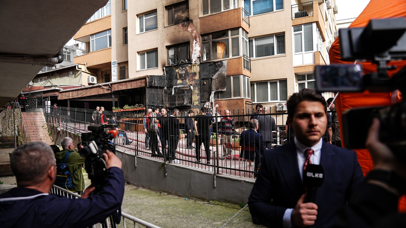 ISTANBUL, TURKIYE- APRIL 02: Press members follow current updates regarding fire broke out in a nightclub in the basement of a 16-storey building in the Besiktas district of Istanbul, Turkiye on April 02, 2024. Death toll rises to 29 in the fire, says provincial governorship. Fire brigades and emergency teams were dispatched to the scene of the fire. The cause of the fire remains under investigation. (Photo by Hakan Akgun/Anadolu via Getty Images)