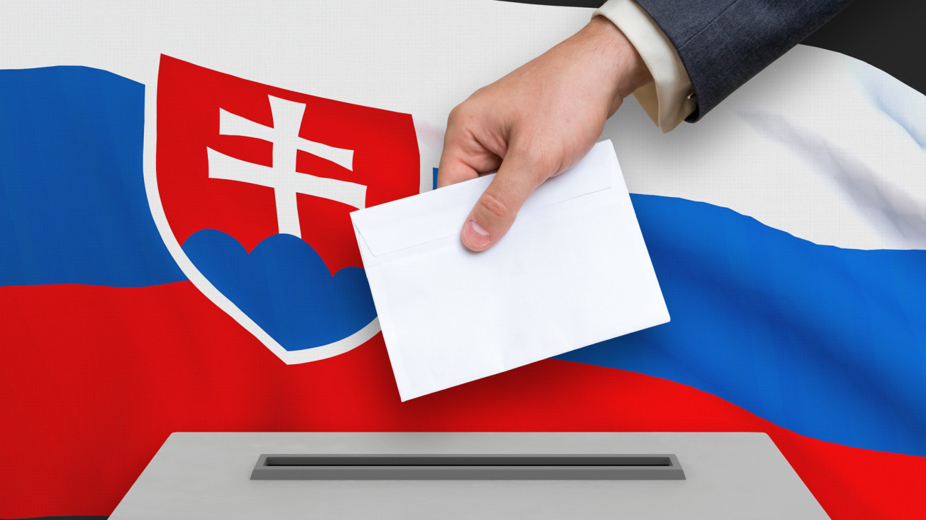 Election in Slovakia - voting at the ballot box. The hand of man is putting his vote in the ballot box. 3D rendered illustration.