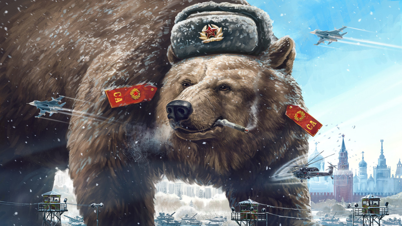 Grotesque (caricature) character. Formidable bear in a soldiers hat looks away Wests and smokes. Comic image of Russia and the USSR. Propaganda cliche.