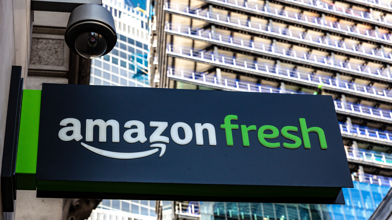 LONDON, UNITED KINGDOM - 2023/09/14: Amazon Fresh logo is seen in the City of London, the capitals financial district. (Photo by Dominika Zarzycka/SOPA Images/LightRocket via Getty Images)