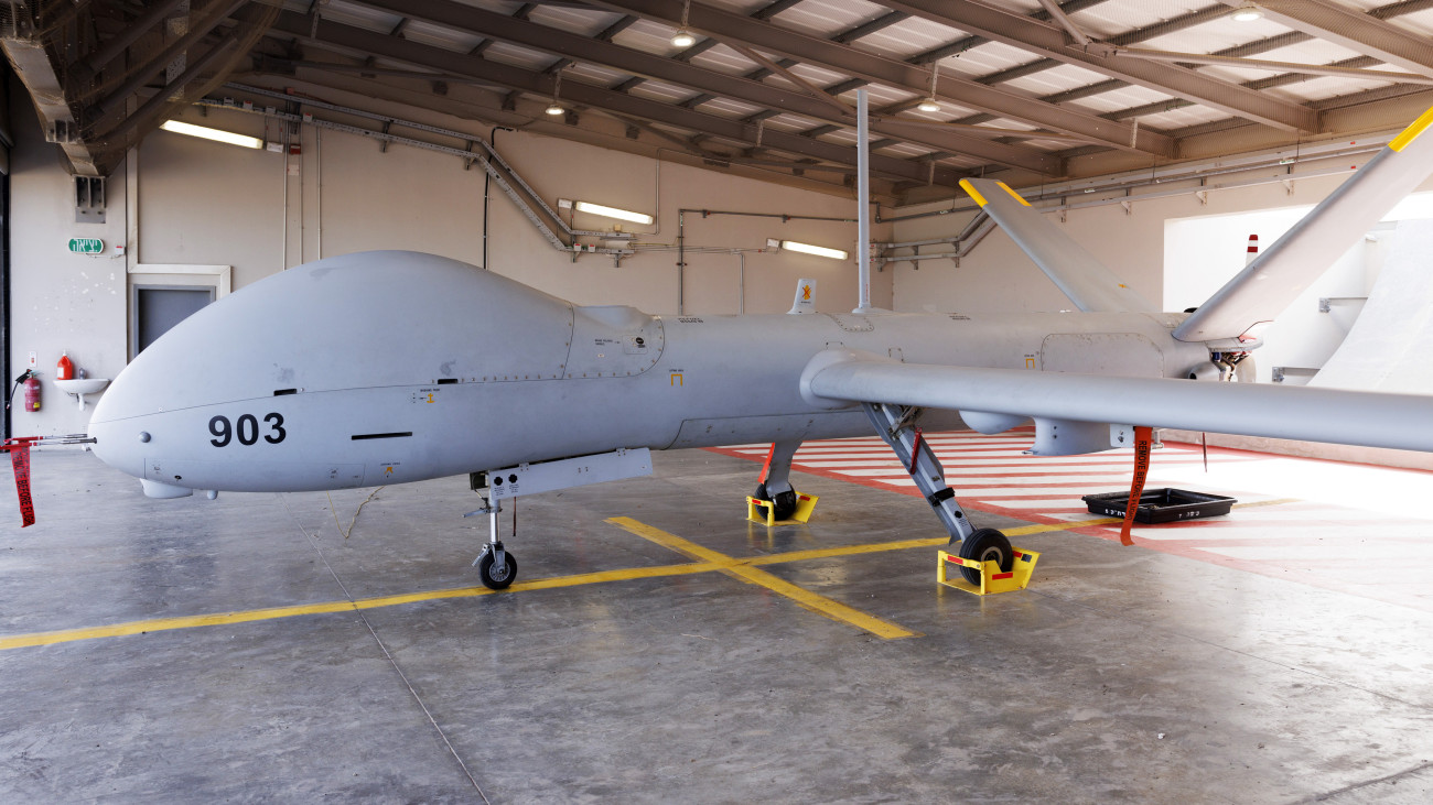 An Israeli Air Force Hermes 900 unmanned aerial vehicle (UAV) in a hangar at Palmachim Airbase in Palmachim, Israel, on Wednesday, Nov. 22, 2023. The main thrust of Israels ground offensive is into Gaza City, the strips biggest urban area and which the military describes as Hamass center of gravity. Photographer: Kobi Wolf/Bloomberg via Getty Images