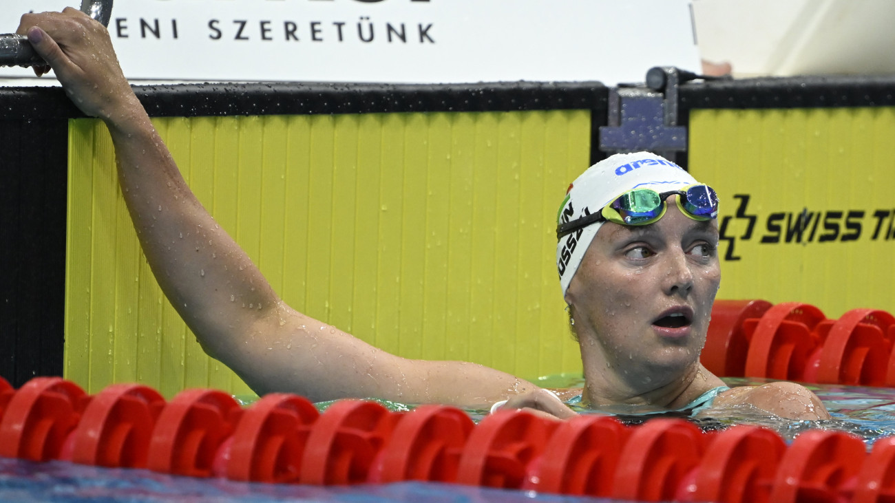 Hosszú Katinka a női 200 méteres vegyesúszás előfutama után az úszó országos bajnokságon a Duna Arénában 2024. április 9-én.