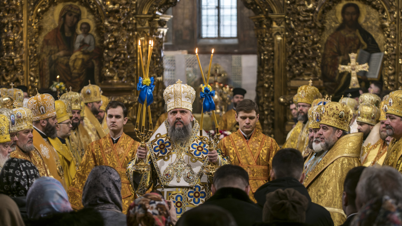Metropolitan Epiphanius I of Ukraine, head of the Orthodox Church of Ukraine, conduct the solemn liturgy on the fourth anniversary of his enthronement in St. Sophia Cathedral in Kyiv, Ukraine, on February 3, 2023 (Photo by Maxym Marusenko/NurPhoto via Getty Images)