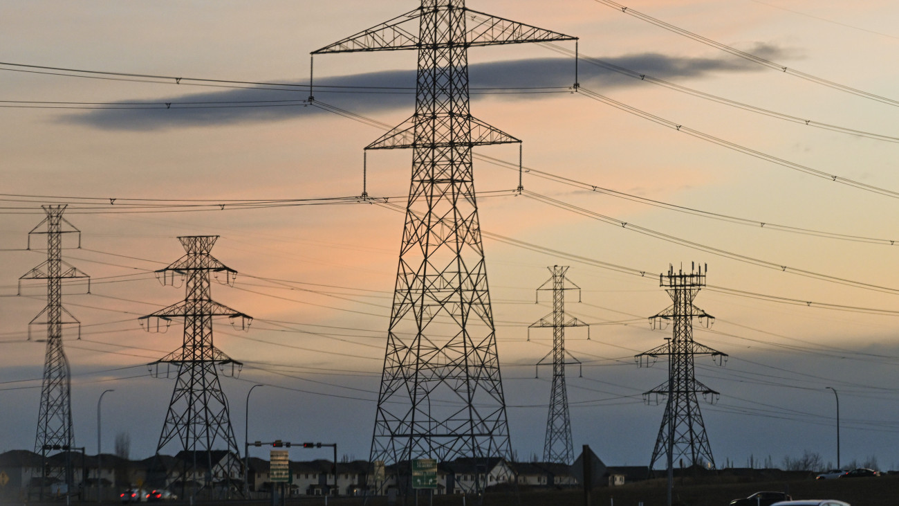 EDMONTON, CANADA - APRIL 3:Network of electric polles with wires seen along Edmonton Anthony Henday Drive in South Edmonton area, on April 3, 2024, in Edmonton, Alberta, Canada. (Photo by Artur Widak/NurPhoto via Getty Images)
