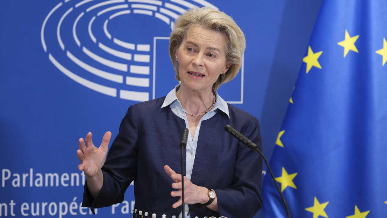 BRUSSELS, BELGIUM - APRIL 10: President of the European Commission Ursula von der Leyen talks to media after a positive vote on on the Pact on Migration and Asylum in the European Parliament on April 10, 2024 in Brussels, Belgium. The Pact sets the stage for a fairer, more efficient, and more sustainable framework to manage migration. This achievement shows that the EU can find common European solutions to European challenges. (Photo by Thierry Monasse/Getty Images)