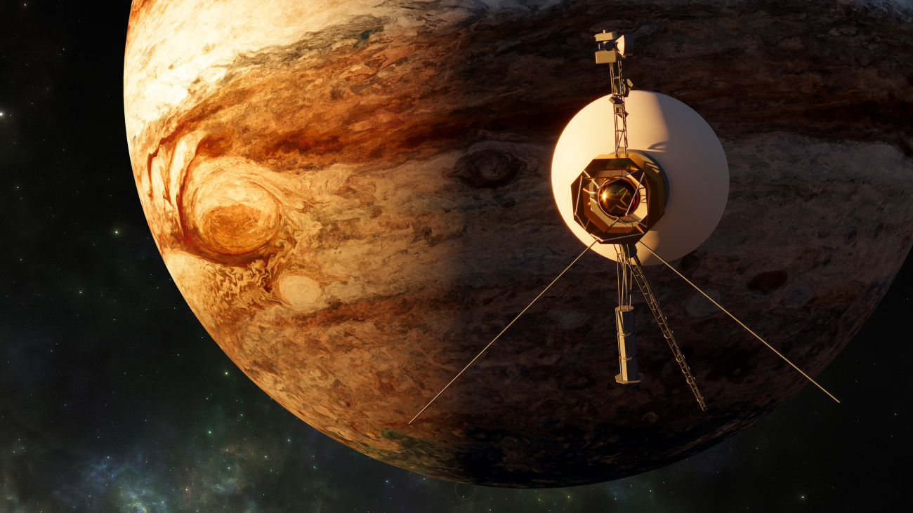 View of the planet Jupiter. Voyager probe in exploration around the planet. Solar system. 3d rendering. Element of this image is furnished by Nasahttps://nasa3d.arc.nasa.gov/detail/jup0vss1