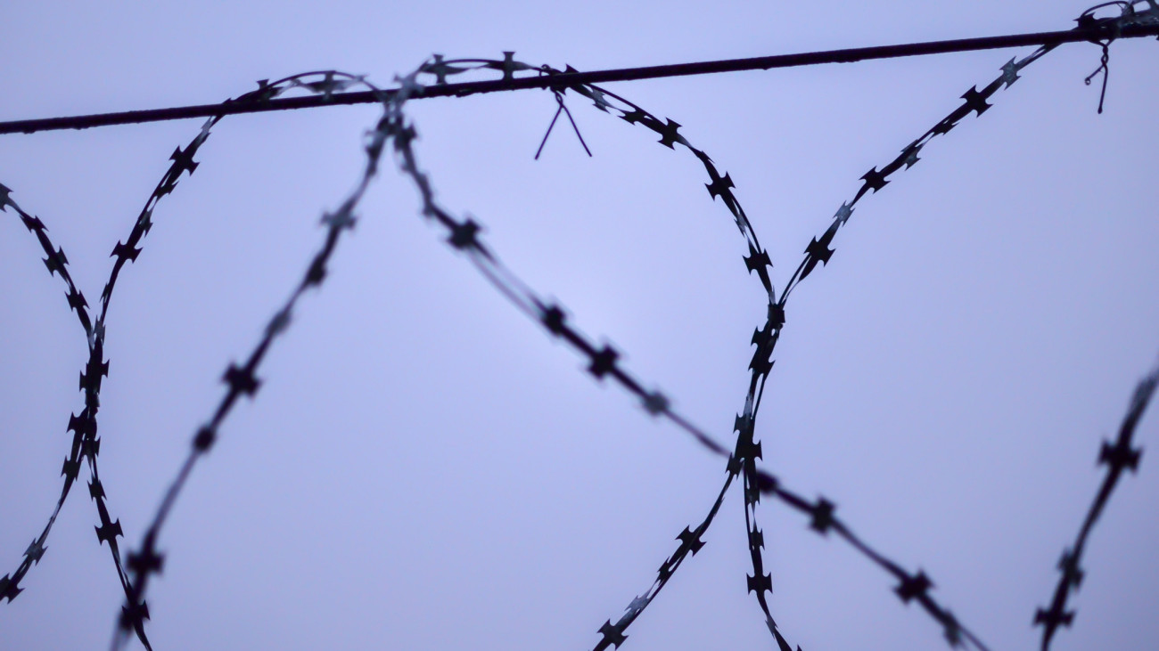 Barbed wire against a gray cloudy sky. Restricted area