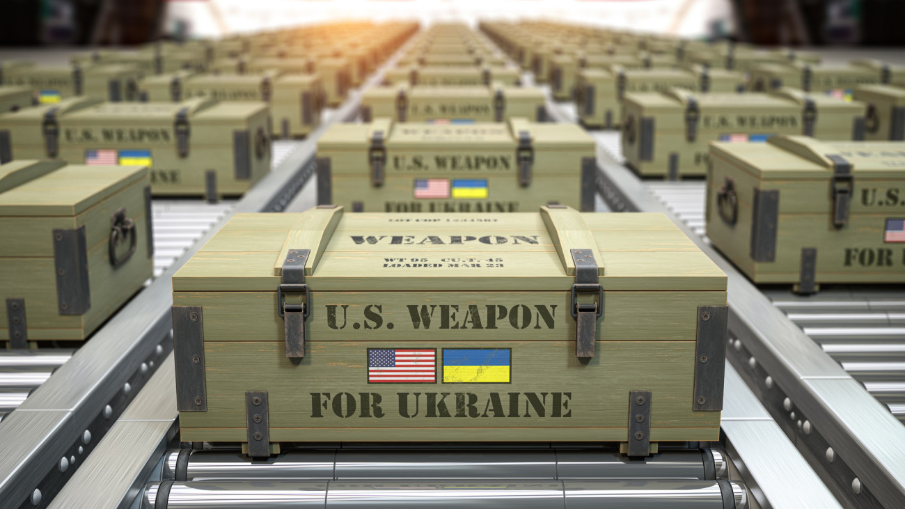 Military production, supply and delivery USA american weapon for Ukraine. Weapon box with flags of USA and Ukraine on conveyor belt. 3d illustration
