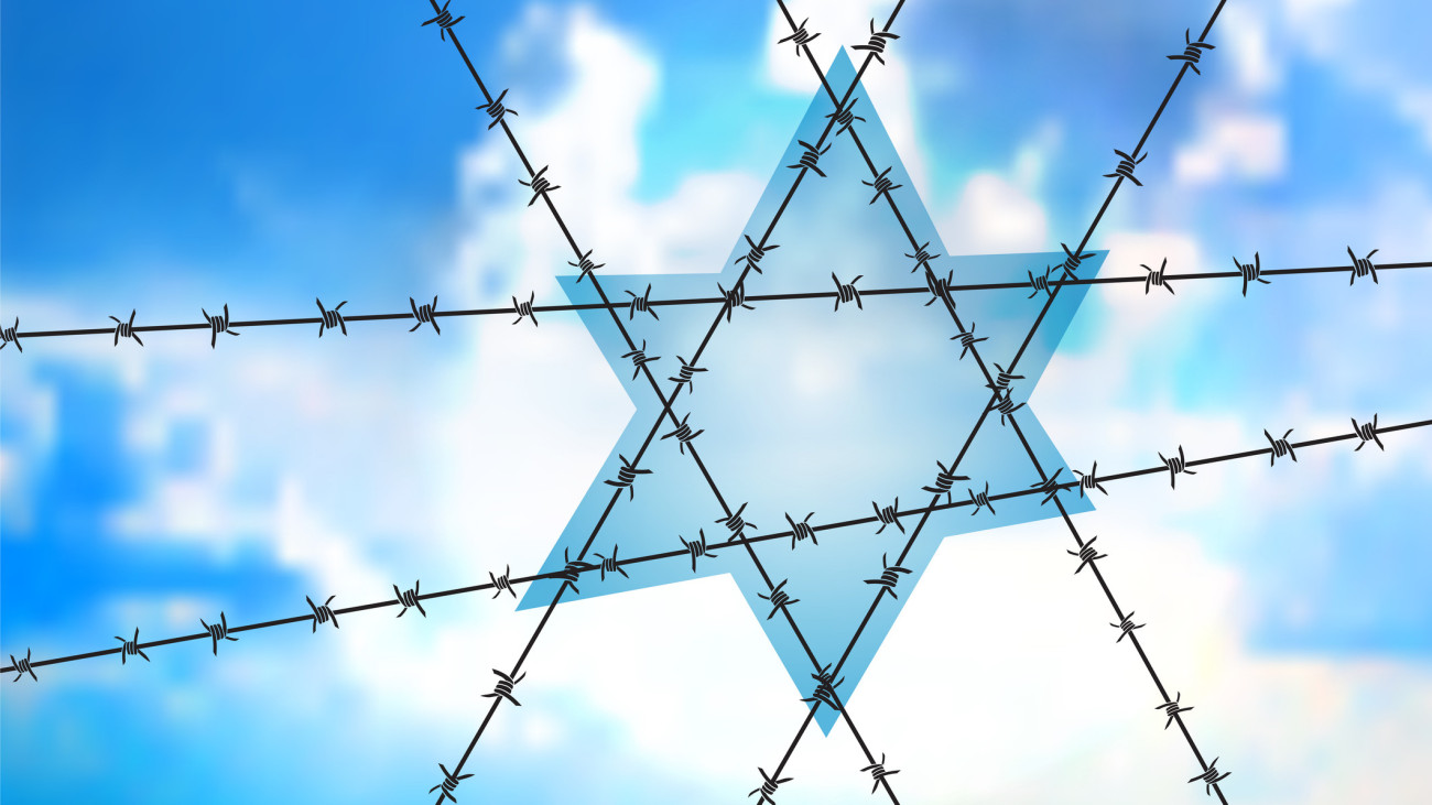 David star at blue sky - Orthodox sign as the interweaving of barbed wire. Concept for anti-Semitism, jewish memory day.Six-pointed Star of barbed wire symbol of the suffering of the Jewish people