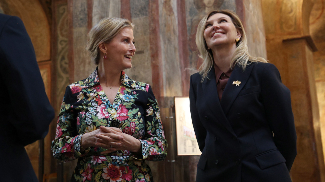 KYIV, UKRAINE - APRIL 29: Sophie, Duchess of Edinburgh (L) with the First Lady of Ukraine Olena Zelenska (R) visit the Saint Sophia Cathedral on April 29, 2024 in Kyiv. The Duchess of Edinburgh becomes first Royal to visit Ukraine since the start of the Russian invasion. The visit, to demonstrate solidarity with the women, men and children impacted by the war, is a continuation of her work to champion survivors of conflict related sexual violence. (Photo by Anatolii Stepanov - Pool/Getty Images)