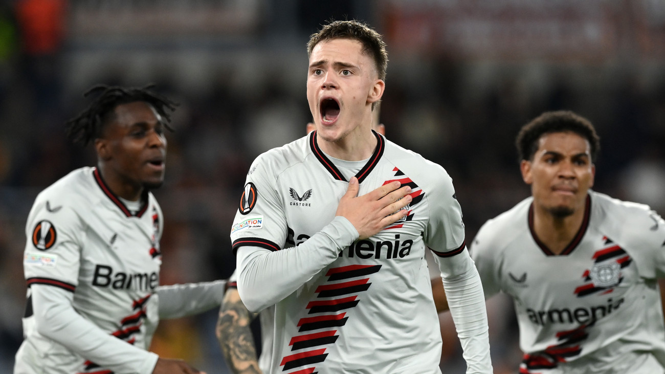 ROME, ITALY - MAY 02: Florian Wirtz of Bayer Leverkusen celebrate his goal during the UEFA Europa League 2023/24 Semi-Final first leg match between AS Roma and Bayer 04 Leverkusen at Stadio Olimpico on May 02, 2024 in Rome, Italy. (Photo by Image Photo Agency/Getty Images)
