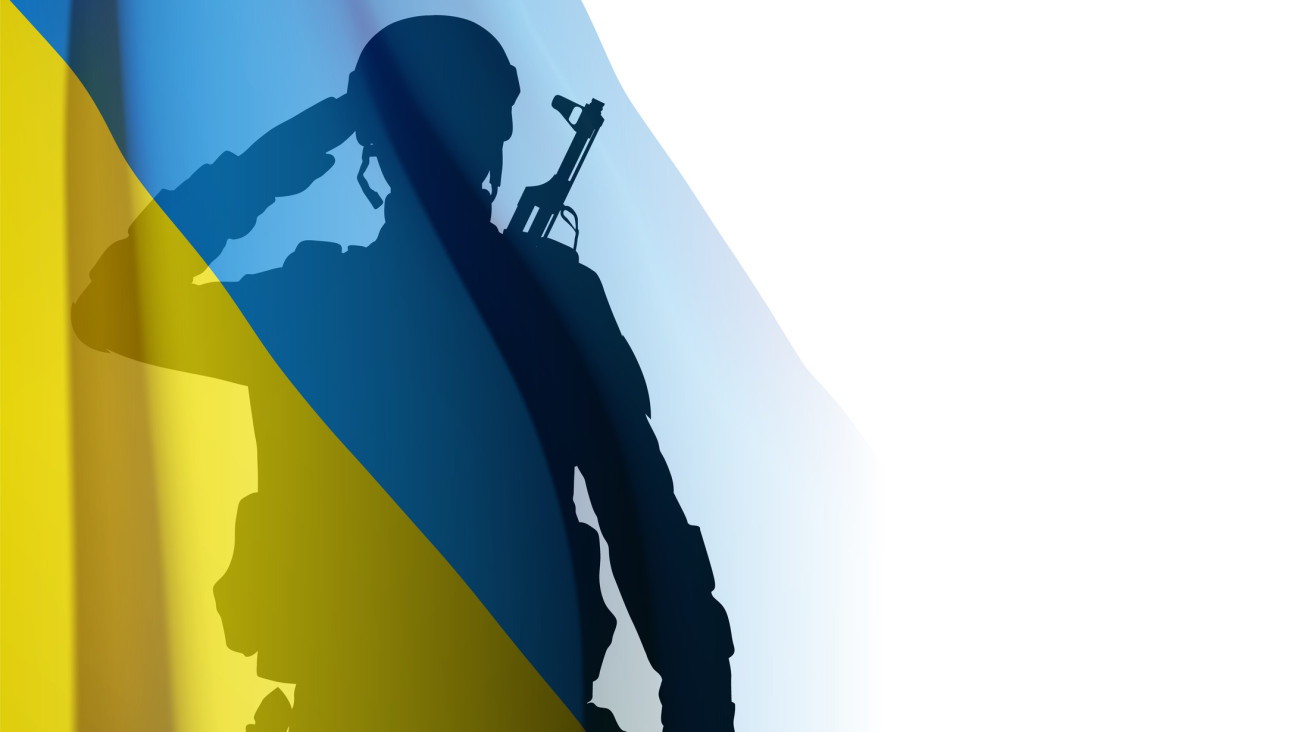 Flag of Ukraine with silhouette of soldier on white background. Armed forces of Ukraine concept. EPS10 vector