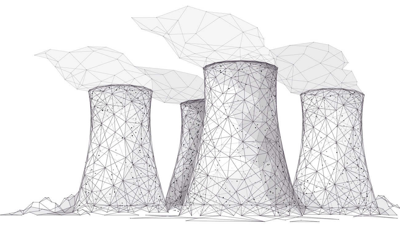 Nuclear power plant sketch. Isolated abstract polygonal nuclear reactor. Polluting energy. Industry concept. Plant, station, or factory in modern low poly wireframe style. Vector illustration.