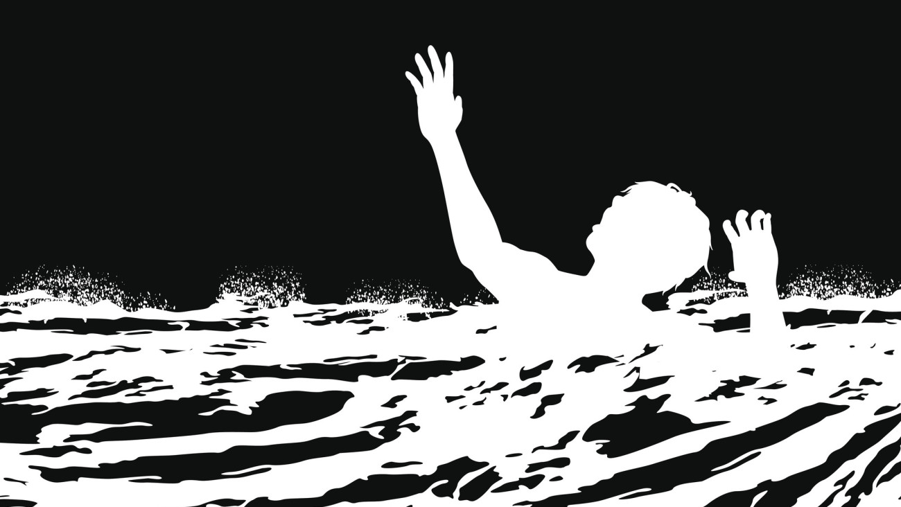 EPS8 editable vector illustration of a man drowning in rough water