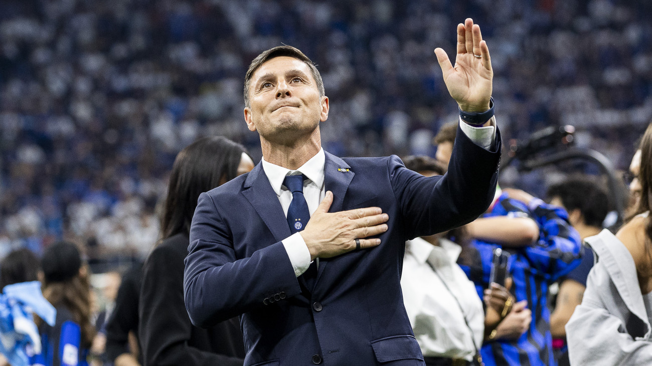 Javier Zanetti is celebrating the Serie A Scudetto at the end of the Serie A TIM match between FC Internazionale and SS Lazio at Giuseppe Meazza Stadium in Milano, Italy, on May 19, 2024 (Photo by Mairo Cinquetti/NurPhoto via Getty Images).
