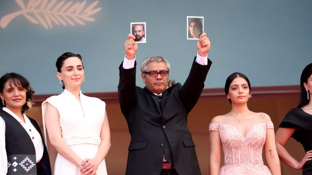 CANNES, FRANCE - MAY 24:(CL-CR)  Mahsa Rostami, Soheila Golestani, Mohammad Rasoulof and the cast and crew attends the The Seed Of The Sacred Fig Red Carpet at the 77th annual Cannes Film Festival at Palais des Festivals on May 24, 2024 in Cannes, France. (Photo by Victor Boyko/Getty Images)