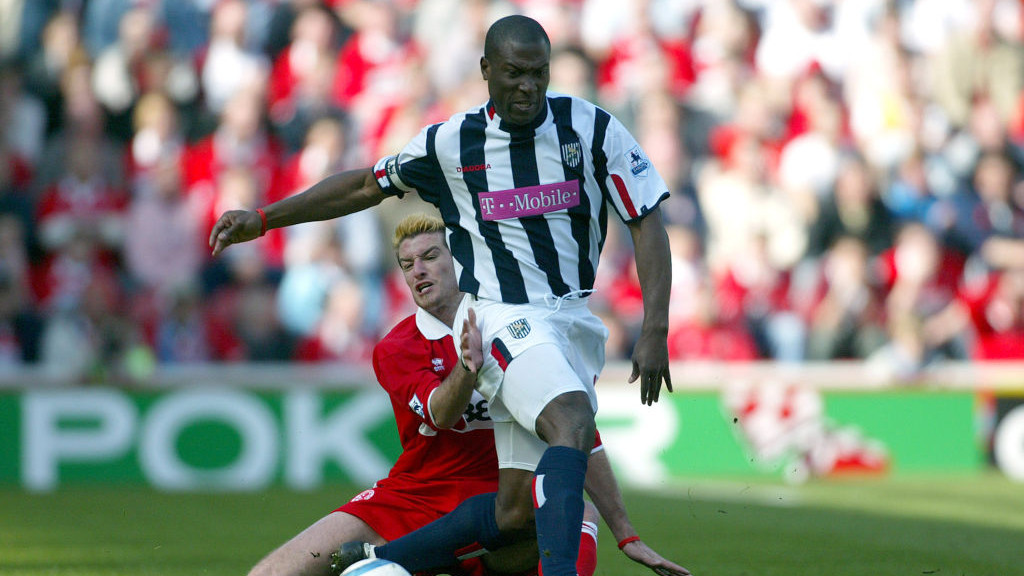 MIDDLESBROUGH, ENGLAND - April 23: Franck Queudrue of Middlesbrough and Kevin Campbell of West Bromwich Albion challenge during the Premier League match between Middlesbrough and West Bromwich Albion at Riverside Stadium on April 23, 2005 in Middlesbrough, England. (Photo by Michael Mayhew/Sportsphoto/Allstar via Getty Images)