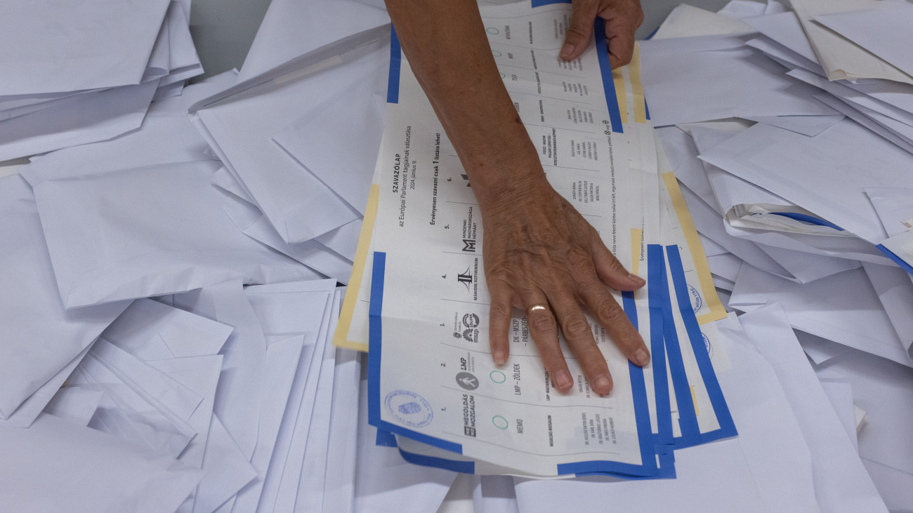 Szavazatszámlálás az önkormányzati, európai parlamenti (EP-) és nemzetiségi választásokon a pécsi Köztársaság Téri Általános Iskolában kialakított 051. számú szavazókörben 2024. június 9-én.