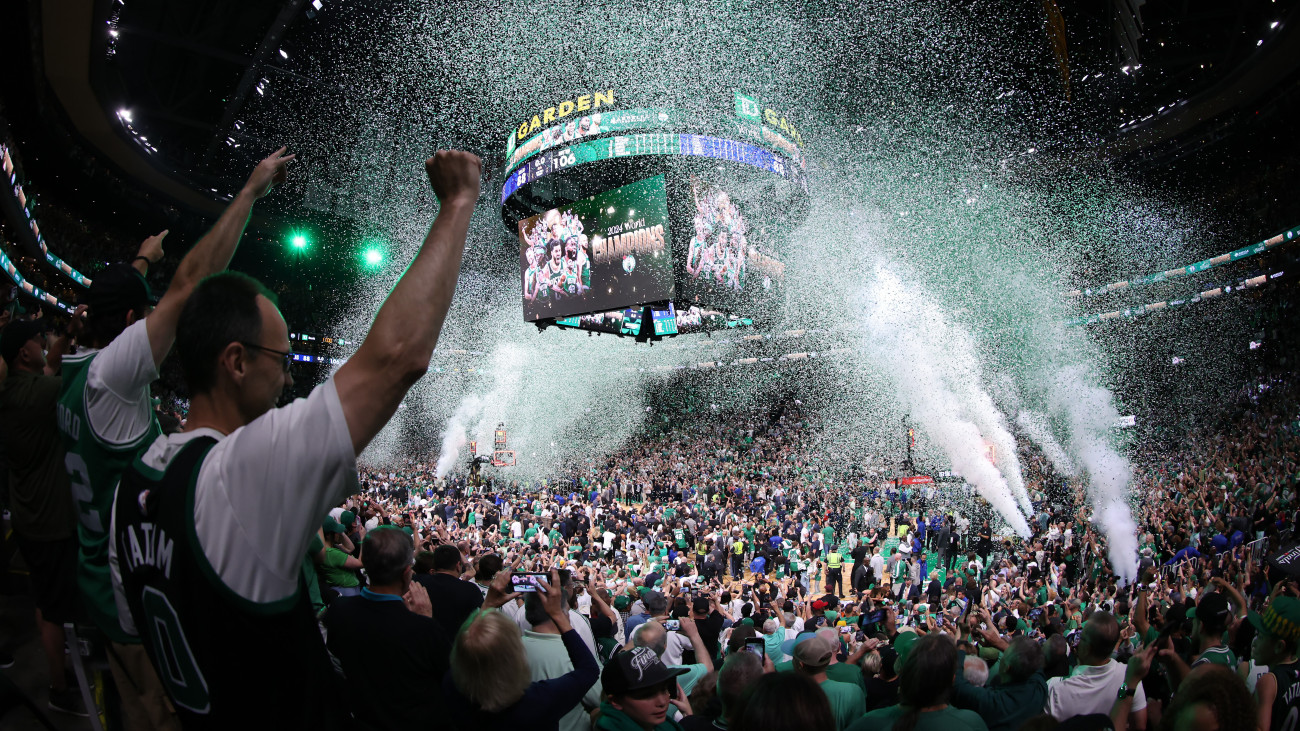 BOSTON, MASSACHUSETTS - JUNE 17: Confetti falls after the Boston Celtics 106-88 win against the Dallas Mavericks in Game Five of the 2024 NBA Finals at TD Garden on June 17, 2024 in Boston, Massachusetts. NOTE TO USER: User expressly acknowledges and agrees that, by downloading and or using this photograph, User is consenting to the terms and conditions of the Getty Images License Agreement. (Photo by Adam Glanzman/Getty Images)