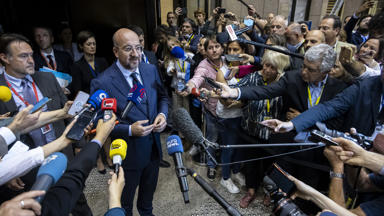 BRUSSELS, BELGIUM - JUNE 18: European Council President Charles Michel speaks to press at the end of the informal meeting of European Union (EU) countries in Brussels, Belgium on June 18, 2024. (Photo by Nikos Oikonomou/Anadolu via Getty Images)