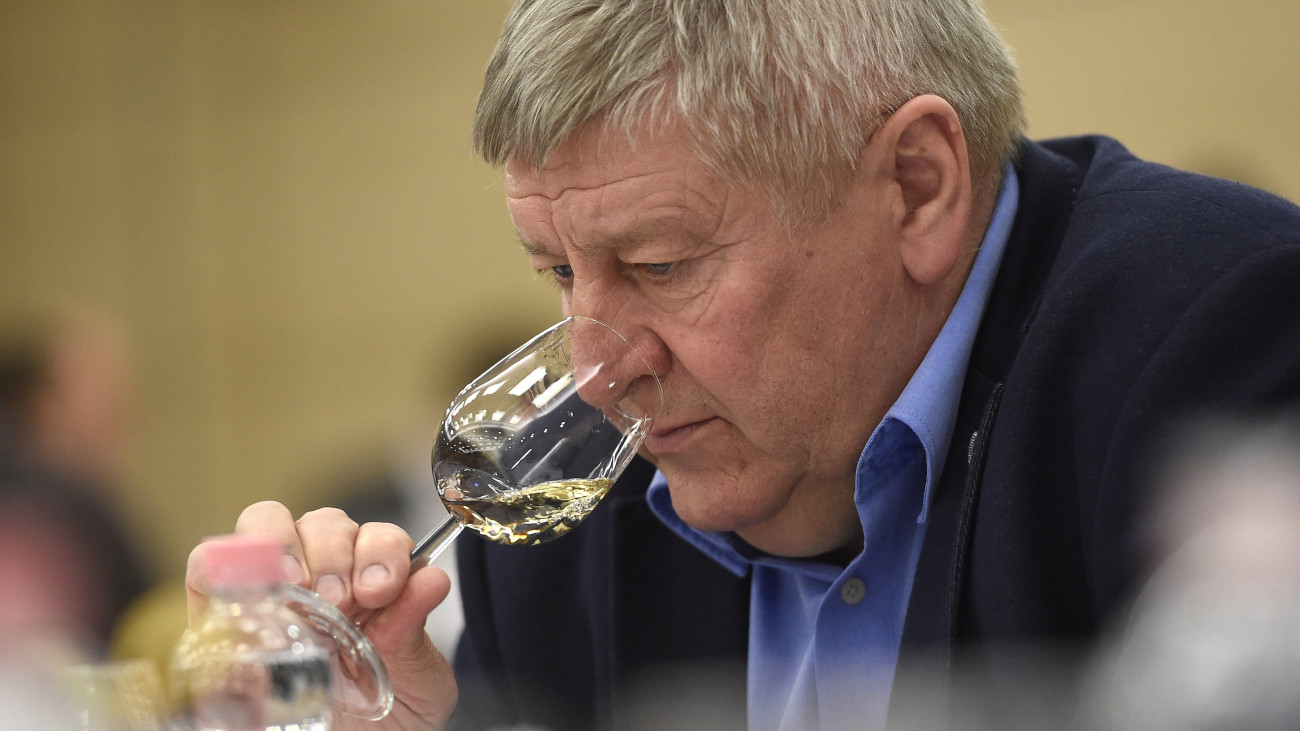 Bock József borász kóstol a CBA 2017-es borversenyén a cég alsónémedi logisztikai központjában 2017. március 9-én. A Magyar Bor Akadémia védnökségével zajló versenyen 121 borászat 888 borát értékelik.