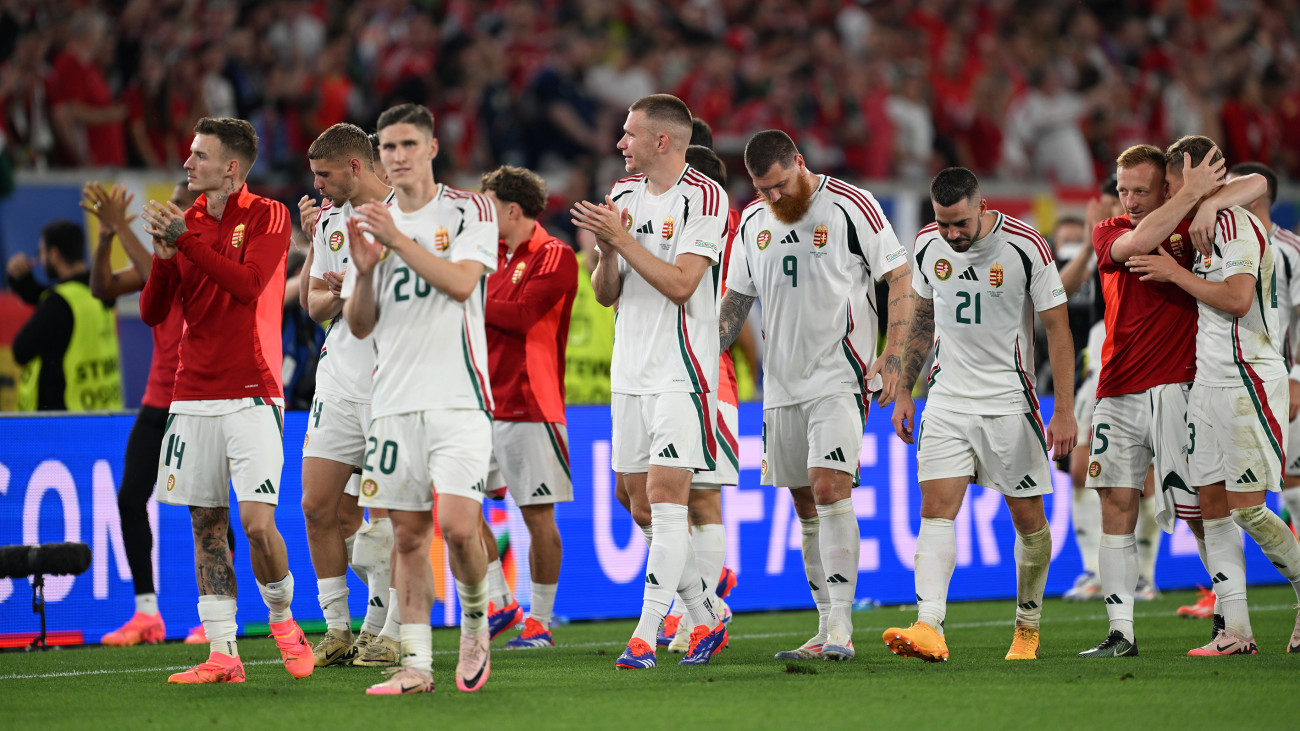 STUTTGART, GERMANY - JUNE 23: Players of Hungary celebrate at the end of UEFA EURO 2024 Group A football match between Scotland and Hungary at Stuttgart Arena in Stuttgart, Germany on June 23, 2024. (Photo by Gokhan Balci/Anadolu via Getty Images)