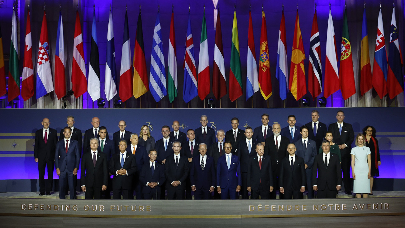 WASHINGTON, DC - JULY 9: Heads of state pose for a group photo during the NATO 75th anniversary celebratory event at the Andrew Mellon Auditorium on July 9, 2024 in Washington, DC. NATO leaders convene in Washington this week for its annual summit to discuss their future strategies and commitments, and mark the 75th anniversary of the allianceâs founding.  (Photo by Kevin Dietsch/Getty Images)