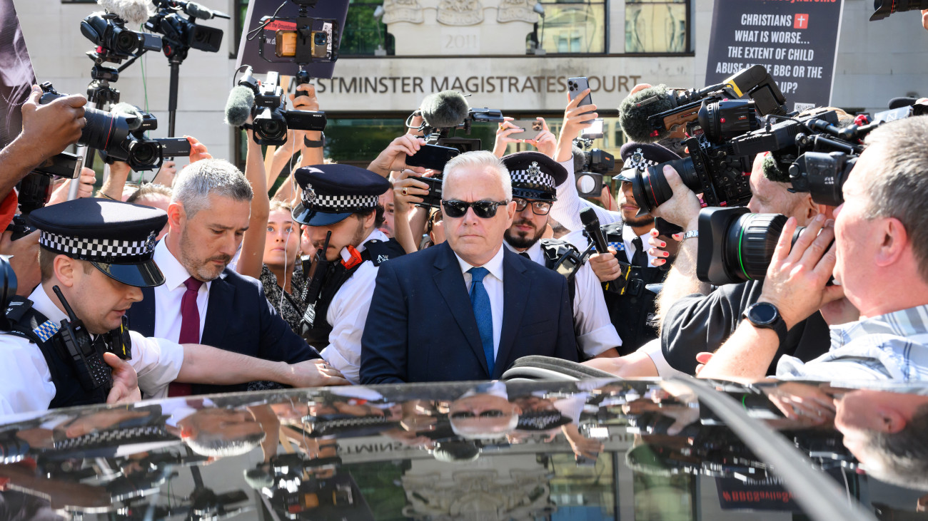 LONDON, ENGLAND - JULY 31: Huw Edwards departs after appearing at Westminster Magistrates Court on July 31, 2024 in London, England. Veteran News Reader Huw Edwards pleaded guilty to three counts of making indecent pictures of children between 2020 and 2022, 37 images were shared on WhatsApp. He was arrested in November 2023. Edwards was the BBCs Ten Oclock News anchor and was chosen to announce the death of HM Queen Elizabeth II to the nation. (Photo by Karwai Tang/WireImage)