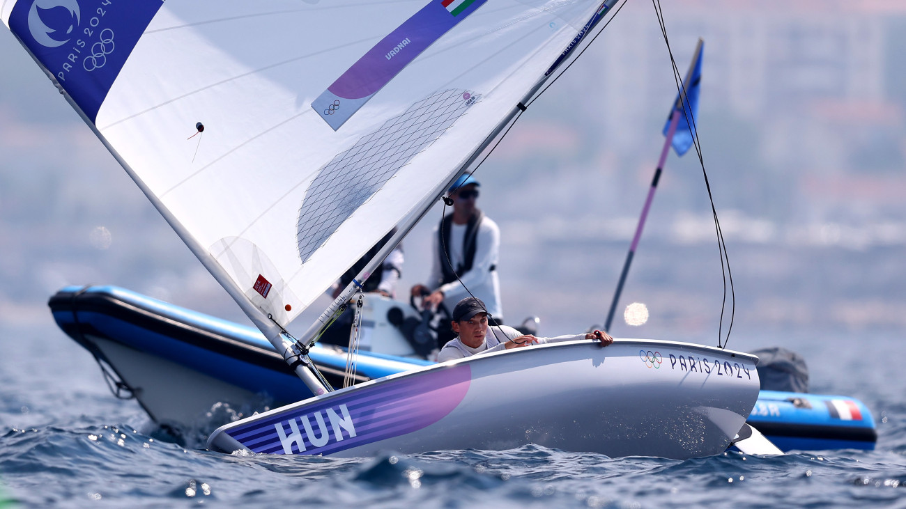 MARSEILLE, FRANCE - AUGUST 07: Jonatan Vadnai of Team Hungary compete in the Mens Dinghy ILCA medal race on day twelve of the Olympic Games Paris 2024 at Marseille Marina on August 07, 2024 in Marseille, France. (Photo by Phil Walter/Getty Images)